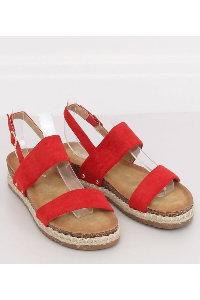 Sandale casual rosii, fara toc, cu detalii aurii  - 2