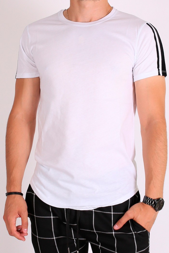 Tricou alb cu dungi negre din catifea pe maneci  - 1