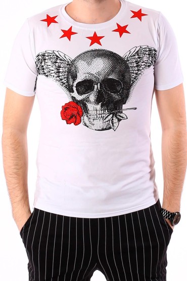 Tricou alb cu imprimeu craniu si stele rosii BerryDenim - 1