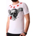 Tricou alb cu imprimeu craniu si stele rosii BerryDenim - 3