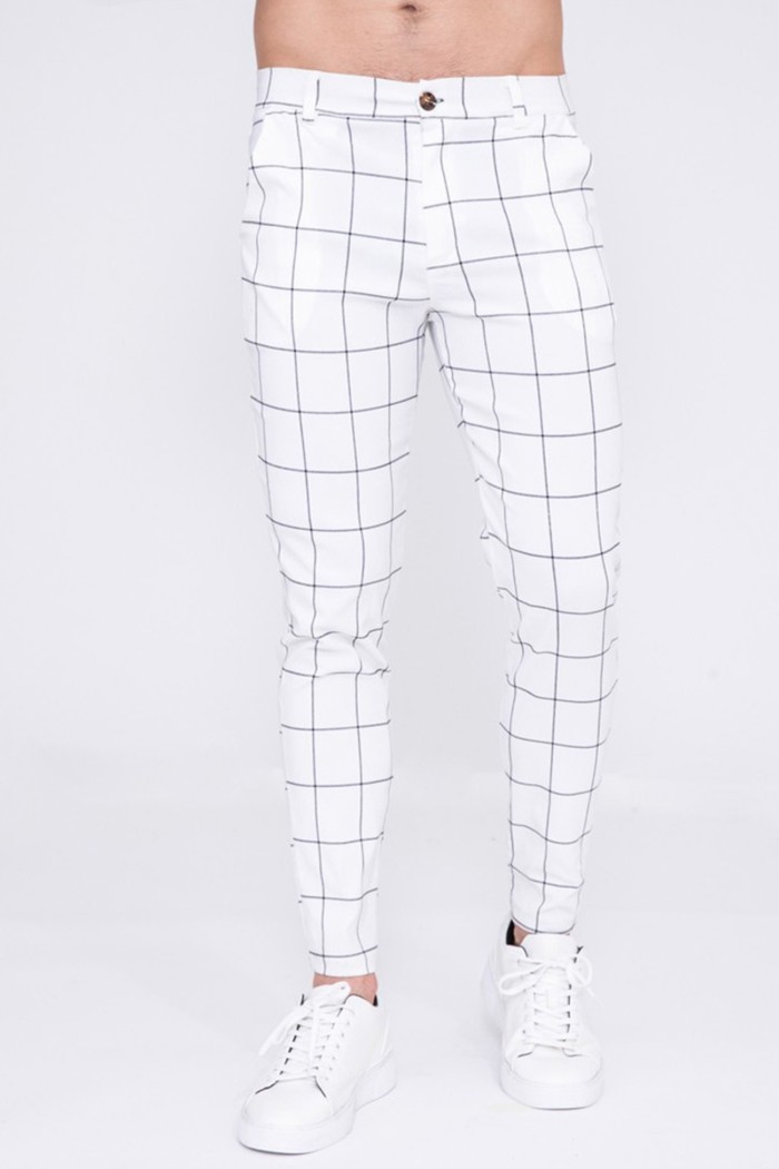 Pantaloni slim fit albi cu carouri negre Frilivin - 1