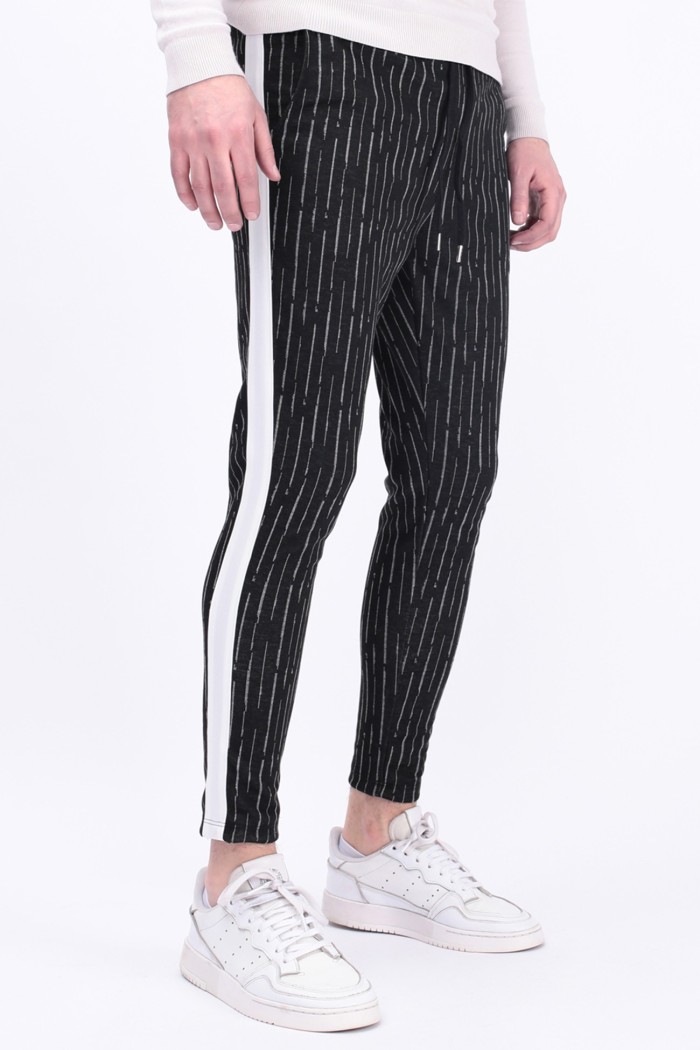 Pantaloni casual negri cu dungi albe fine si dunga laterala alba Frilivin - 1