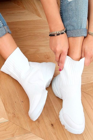 Sneakers albi inalti din material textil si talpa groasa  - 1